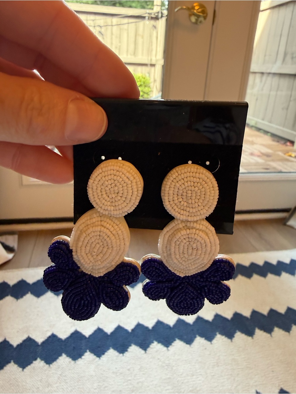 J. Crew White and Navy Beaded Drop Earrings